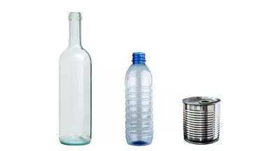 Glass Bottle, Water Bottle, and Tin Can